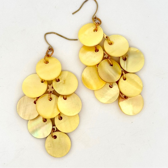 Jewelry - Scalloped Shell Disc Chandelier Drop Earrings Yellow Mother of Pearl